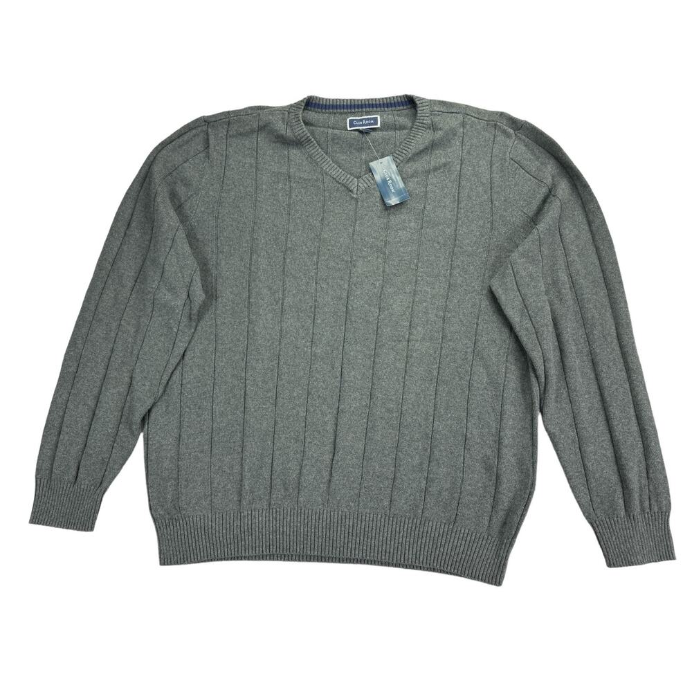 Club Room Mens Drop Needle V-Neck Cotton Sweater Charcoal Gray XL